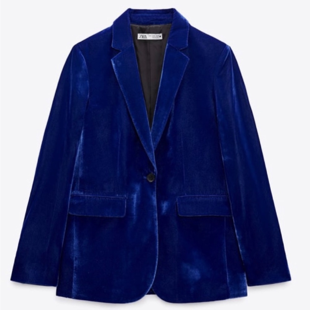 Zara - one button pocketed blazer - blue velvet - XS